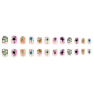 Short square Halloween press-on nails set with colorful pop art heart designs