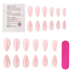 Short almond light pink press-on nails set with adhesive jelly glue and mini file