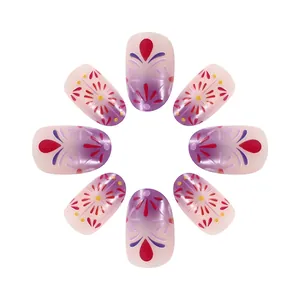 Short French press-on nails with purple gradient and floral folk art patterns