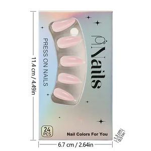 Pink press-on nail kit packaging with clear window showing 24 glossy fake nails