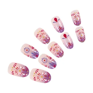 Detailed view of short oval press-on nails with purple gradient and floral fireworks