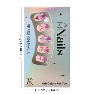 Detail of 24pcs purple floral press-on nail kit in holographic packaging box