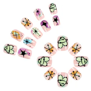 French short press-on nail kit with colorful retro heart patterns for Halloween style