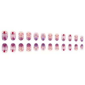 Short oval press-on nails set with purple gradient flower patterns and floral designs