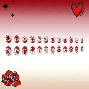 Short glossy press-on nails with red heart and rose vintage tattoo style illustrations