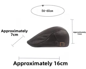 Detailed size measurement of black leather beret hat showing 56-60cm circumference