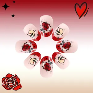 Short glossy press-on nails with red rose and heart skull designs in gothic pink and red style
