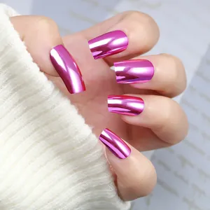 Faux ongles longs ballerine effet miroir rose-violet métallisé, lot de 24 pièces