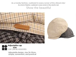 Detail of adjustable newsboy cap featuring plaid fabric and leather logo patch