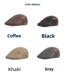 Mens vintage PU leather beret caps available in coffee, black, khaki and grey colors