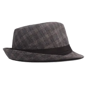 Chapeau fedora classique à carreaux bleus pour hommes en laine mélangée avec ruban noir