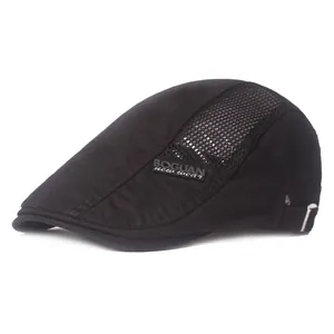 Black mesh breathable ivy cap for men with side logo and adjustable metal buckle