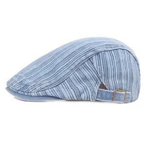 Vintage Gestreift Baumwolle Schiebermütze Damen Herren Verstellbar Flache Mütze Outdoor Atmungsaktiv Retro Britischen Stil Ivy Hut