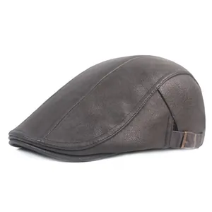 Men's Vintage PU Leather Flat Cap Newsboy Hat For Autumn Winter Outdoor Warm Windproof Adjustable Beret Ivy Duckbill Cap