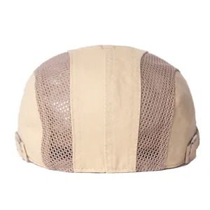 Beige breathable mesh beret cap for men and women featuring adjustable side metal buckles