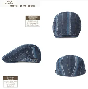 Detail view of denim beret featuring 3D tailoring and adjustable metal side buckle strap