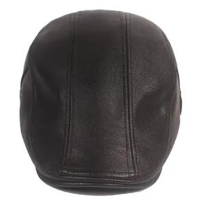 Classic dark brown leather flat cap for men with premium stitching and warm winter texture