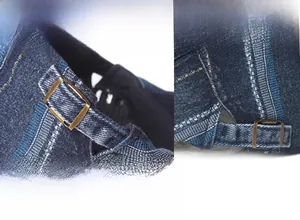 Detail of adjustable brass buckle on vintage washed denim beret with 56-59cm sizing