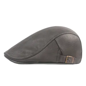 Deep grey leather flat cap for men with adjustable metal buckle and vintage texture