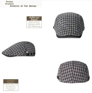 Three-angle view of black and white plaid cotton beret with adjustable metal buckle
