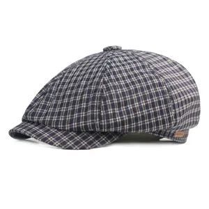 British Retro Plaid Newsboy Cap For Men Women Vintage Check Beret Octagonal Hat With Leather Label Adjustable Cabbie Hat