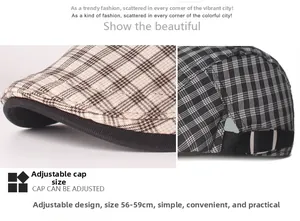 Detail view of adjustable metal buckle and plaid fabric on the vintage beret flat cap