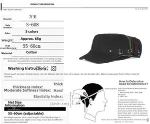 Spécifications de taille pour casquette militaire en coton avec guide de mesure