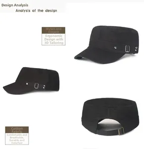 Trois vues d'une casquette militaire en coton avec sangle latérale et boucle réglable