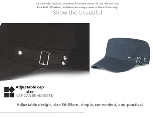Détail de la boucle métallique réglable et des rivets sur cette casquette militaire en coton