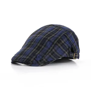 Classic British plaid newsboy cap in dark grey with adjustable bronze metal buckle