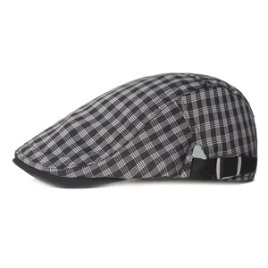 Classic plaid beret flat cap with black brim and adjustable metal buckle strap