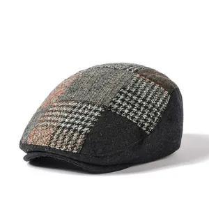 Winter wool newsboy cap featuring patchwork tweed patterns and vintage British style