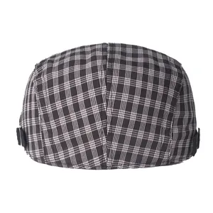 Classic plaid beret hat with adjustable side buckles and black-white checkered pattern