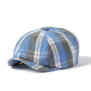Classic blue plaid newsboy cap with vintage British style octagonal crown for men and women