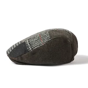 Retro British style newsboy cap featuring patchwork tweed wool and mixed plaid pattern