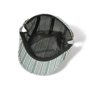 Striped cotton flat cap in grey and white featuring adjustable metal buckle and inner lining