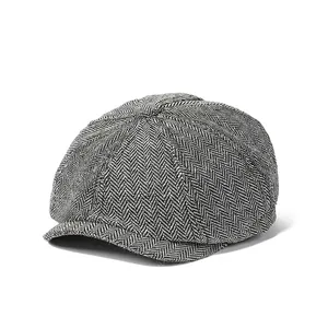 Vintage British Style Newsboy Cap For Men Winter Warm Herringbone Pattern Octagonal Baker Boy Hat Classic Painter Cap