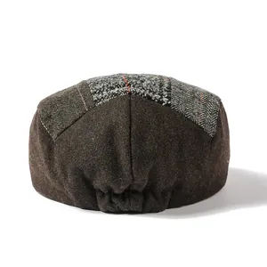 Winter warm wool tweed flat cap with vintage patchwork design and elastic back