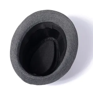 Detail view of the gray wool fedora interior showing soft sweatband and stitching