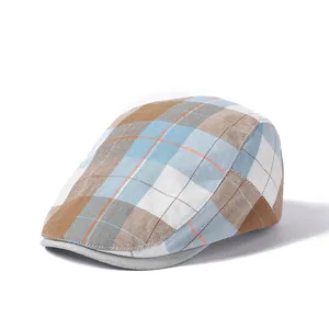 Vintage plaid flat cap in sky blue and brown check pattern for men and women