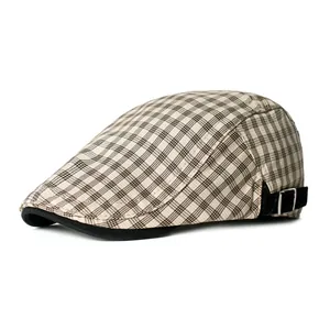 Beige plaid ivy cap with adjustable metal buckle and vintage british style check pattern