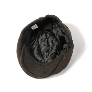 Winter thick wool newsboy cap with warm black diamond quilted lining and inner tag