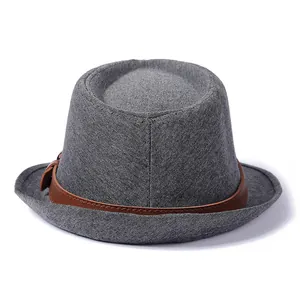 Classic grey wool fedora hat with brown leather band and metallic buckle detail