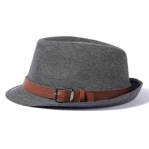 Deep grey wool fedora hat for men with brown leather buckle strap and vintage design