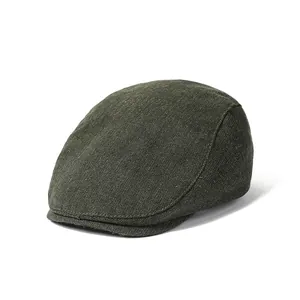 Classic dark olive green flat cap in vintage twill fabric with structured side stitching