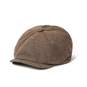Classic brown herringbone newsboy cap for men with retro octagonal design and wool texture