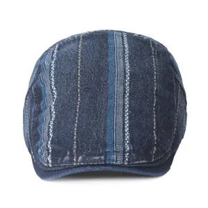 Retro washed denim beret cap with vintage striped pattern for men and women in dark blue