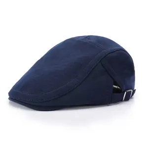 Classic dark blue flat cap in twill cotton with side adjustable metal buckle back view