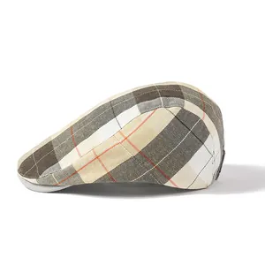Classic beige plaid flat cap with vintage check pattern for men and women