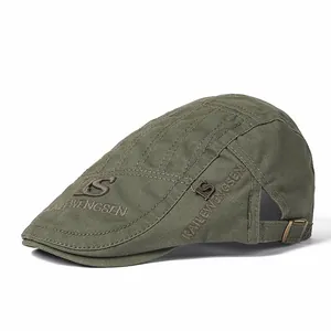 Hommes Femmes Coton Brodé Béret Plat Rétro Britannique Réglable Casquette Visière pour Protection Solaire Extérieure
